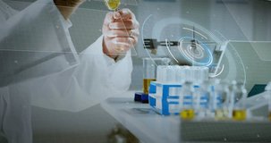 Camera zooming scientist in lab coat at bench with vials pipetting yellow liquid analyzing with AR. Researcher, expert, laboratory, augmented, holographic, glassware, vial - Powered by Shutterstock - Get 15% off with code: PIKWIZARD15