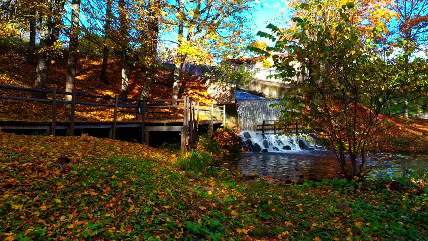 Autumn foliage framing a flowing waterfall and historic mill structure