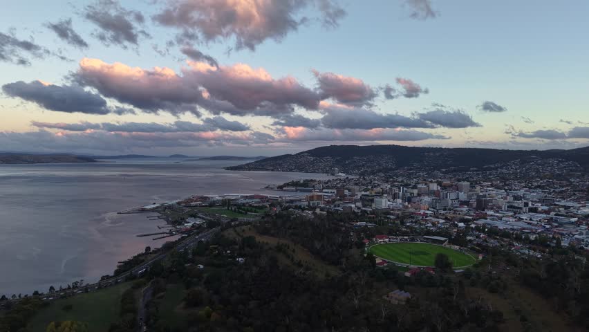 Sunrise above Hobart, Tasmania, Australia Aerial Drone 4K