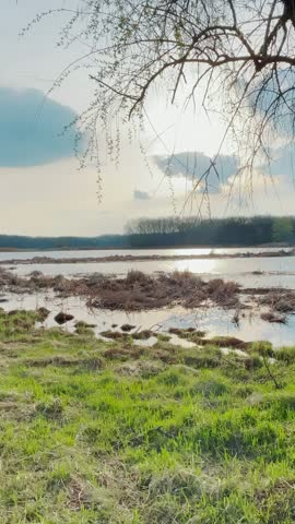 water along a shore, surrounded by greenery and distant trees. The water reflects the sky and the scenery, creating a serene natural setting.