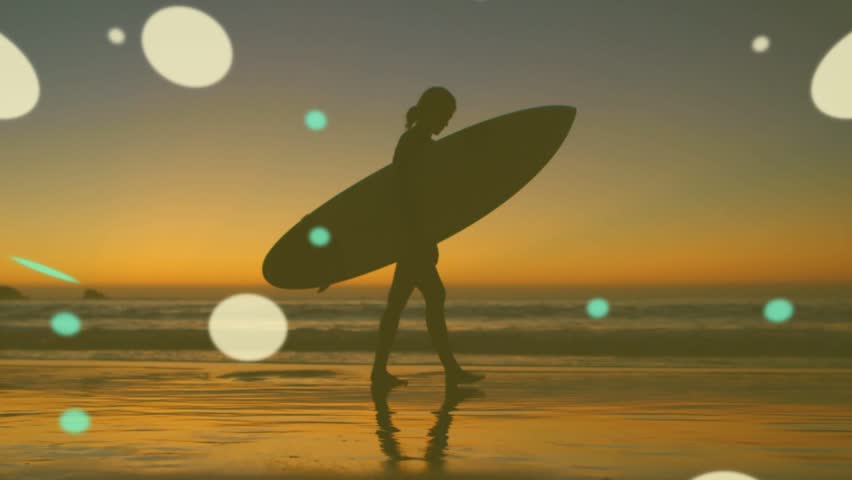 Female surfer walking shore post-surf with board while tech nodes crossing figure and reflection. Silhouette, sunset, beach, ocean, waves, bokeh, turquoise