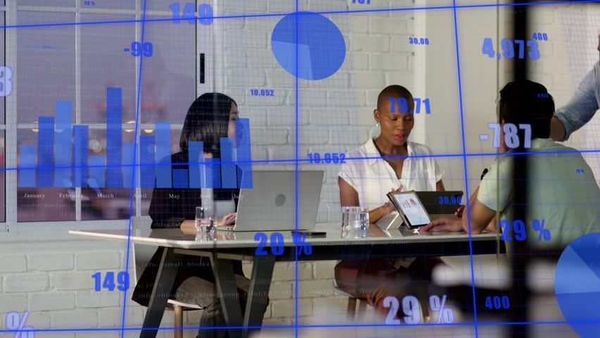 Standing man entering and leaning, team rotating tablet reviewing blue charts overlay for business. Colleagues, collaboration, analytics, dashboards, conference, meeting, office