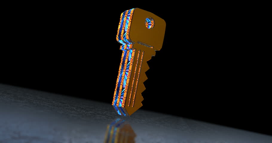 Cyber security key 3d symbol spectacular. Abstract glowing golden metal icon animation.