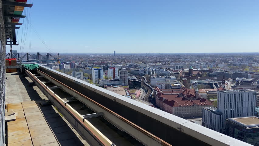 Alexanderplatz Cityscape Panoramic skyline view over Berlin from Park Inn Alexanderplatz, view toward Warschauer Strasse and Friedrichshain with moving train, Berlin Germany Europe, April 8th, 2026