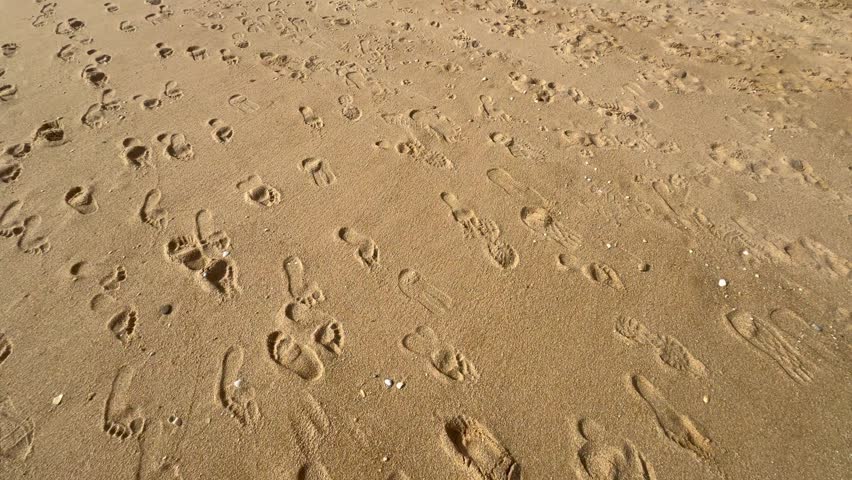 Bare footprints in the sand on a beach