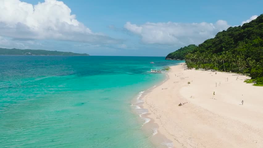 Beach with coconut trees and ocean waves on white sand. Puka Shell Beach. Boracay Island. Philippines.
