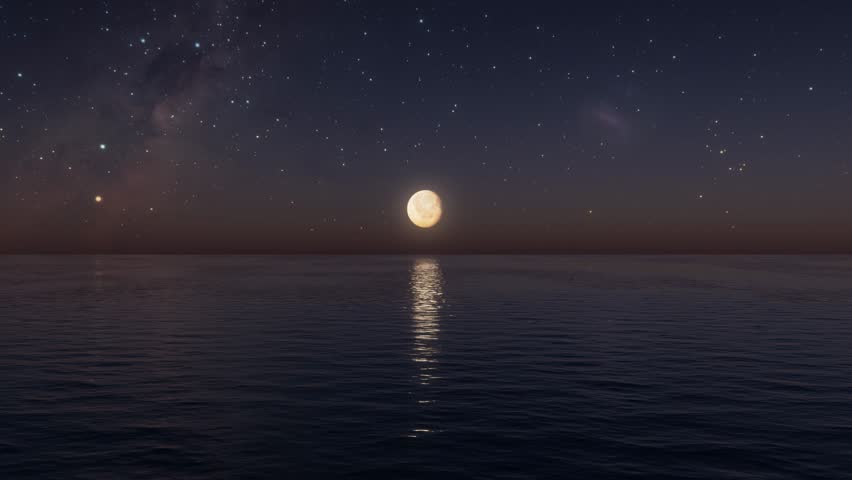 Full moon over calm ocean at night with Milky Way and starry sky. Loopable seascape scene with moonlight reflection on water, peaceful night atmosphere and deep space background. 3d loop animation