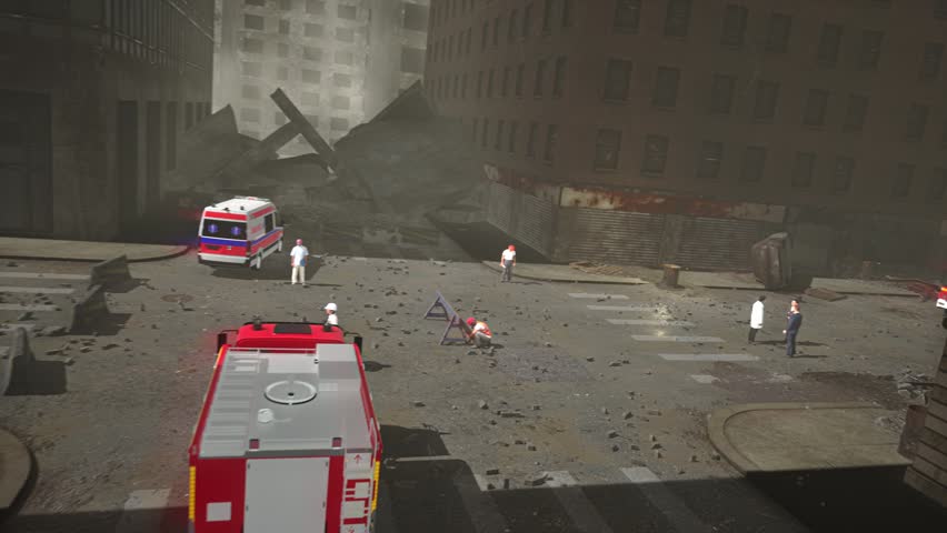 urban conflict aftermath scene destroyed city street, emergency response vehicles, smoke, debris, and rescue activity, representation of modern warfare, geopolitical tension, military crisis, disaster