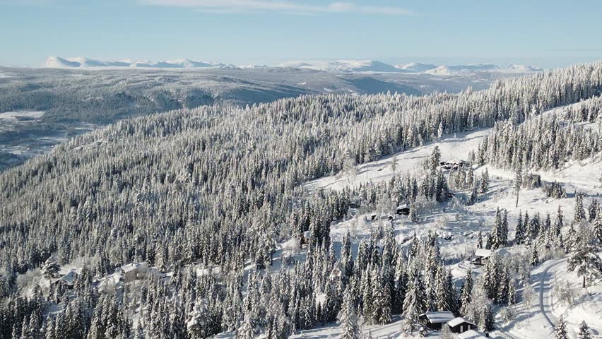 Aerial vertigo zoom shot of a snowy Scandinavian cabin village in Danebu, Valdres, Norway, with pine forest and mountain landscape, Skogshorn, in clear winter light