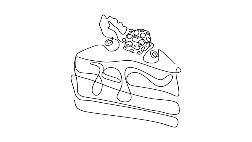 Animated self drawing of continuous line draw of cake, Party food, birthday    . Full length one line animation. 4K	