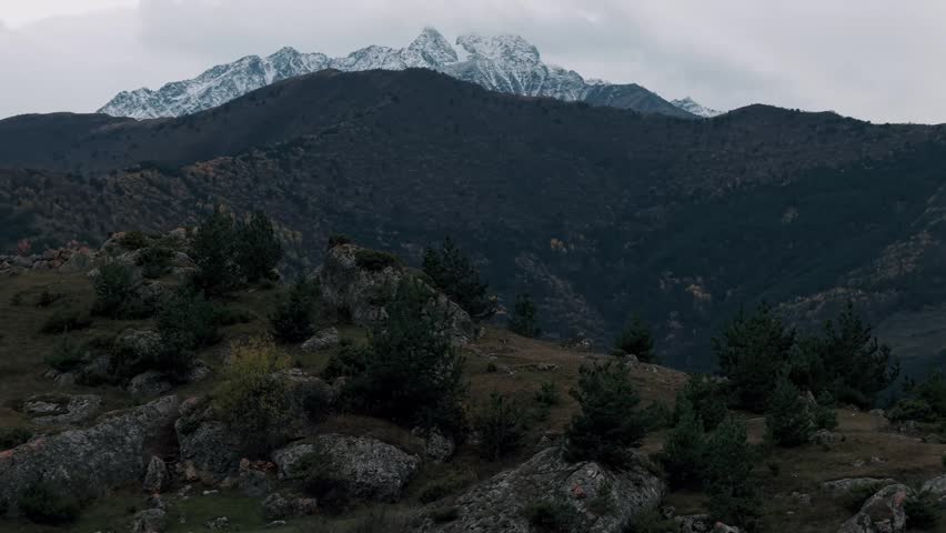 Snow capped mountain ridge above forested hills