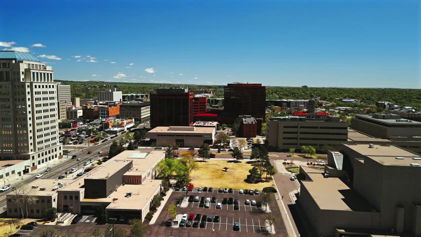 Colorado Springs downtown aerial with civic buildings skyline
