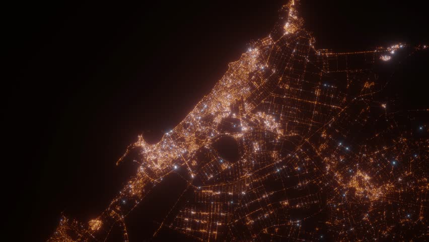 Alexandria (Egypt) aerial view at night. Top view on modern city with glow effect. Camera is zooming out, rotating counterclockwise