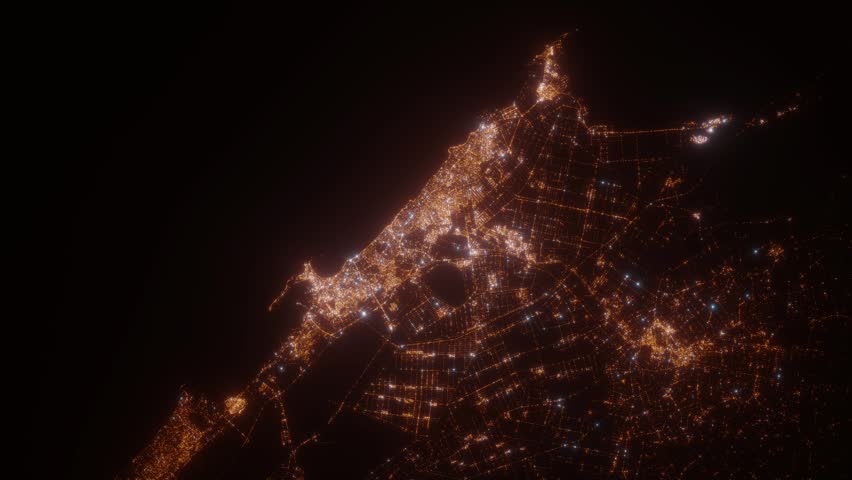 Alexandria (Egypt) aerial view at night. View on modern city from space. Camera is zooming in, rotating counterclockwise