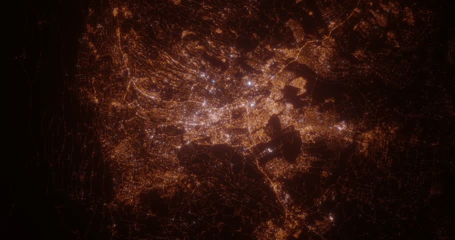 Nairobi (Kenya) aerial view at night. Top view on city from space. Camera is zooming in, rotating clockwise