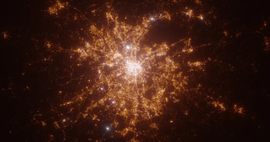 Moscow (Russia) aerial view at night. View on modern city from space. Camera is zooming in, rotating counterclockwise