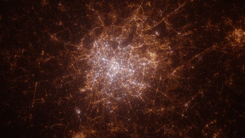 Brussels (Belgium) aerial view at night. View on modern city from space. Camera is zooming in, rotating counterclockwise