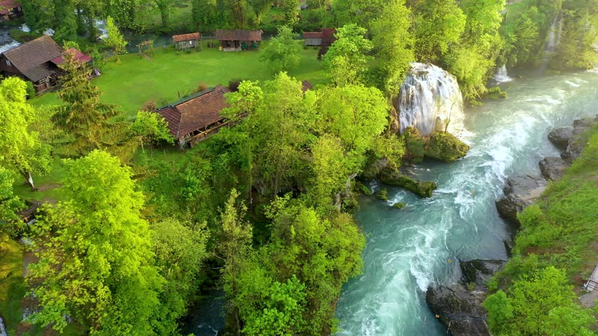 Village of Rastoke near Slunj in Croatia, old water mills on waterfalls of Korana river, beautiful countryside landscape. Landscape with river and little waterfalls in Rastoke village, Croatia.