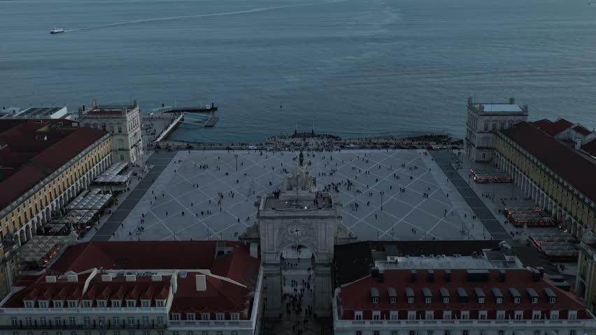 Drone Footage of Praça do Comércio Lisbon with Arco da Rua Augusta at golden hour