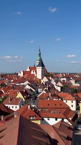 A view of the historic center of Tabor with its red tiled roofs from the Kotnov tower. Tabor, South Bohemia, Czech Republic 