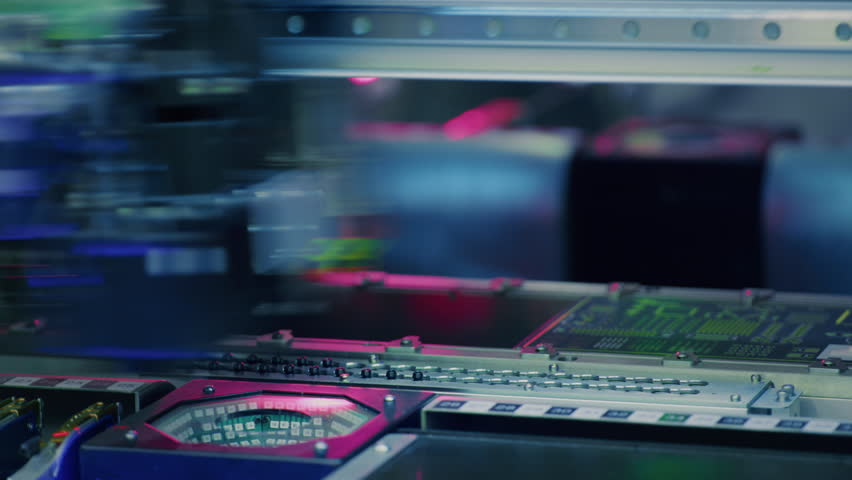 Close up macro: Electronic printed circuit board, surface mounted technology connecting microchips, semiconductors, capacitors to motherboard. Manufacture processors, microcircuits components