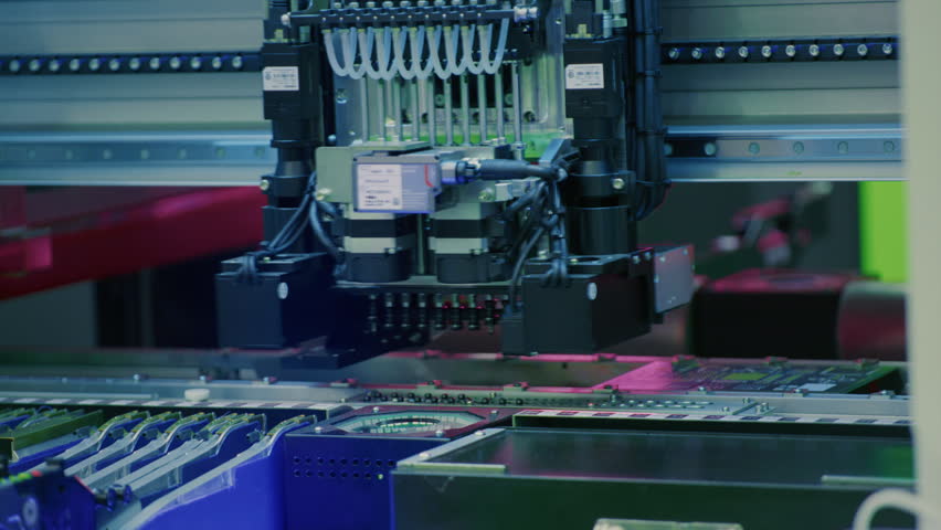 Close up macro: Electronic printed circuit board, surface mounted technology connecting microchips, semiconductors, capacitors to motherboard. Manufacture processors, microcircuits components