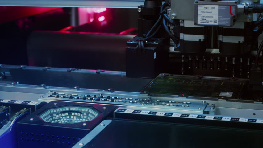 Close up macro: Electronic printed circuit board, surface mounted technology connecting microchips, semiconductors, capacitors to motherboard. Manufacture processors, microcircuits components