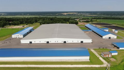Drone Orbiting Modern Farm Facility Countryside