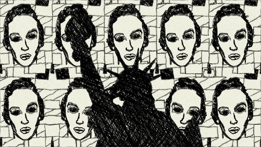 Hand Draw Statue Of Liberty Silhouette With Repeated Faces