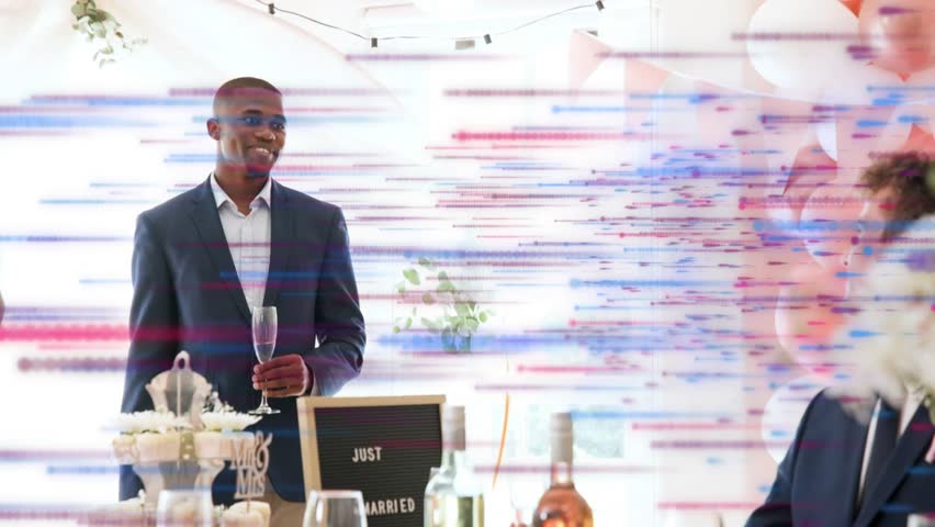 Man raising flute and giving wedding toast while guests turning as glitch lines cross faces. Celebration, reception, champagne, ballroom, balloons, decor, lighting