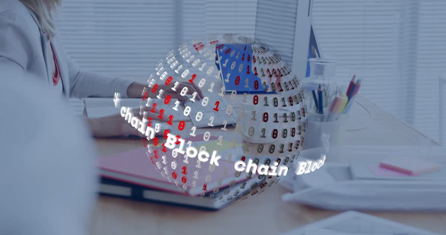 Responding to blockchain globe appearing, woman in light blazer typing at office laptop, copy space. Holographic, sphere, binary, digital, data, desk, monitor