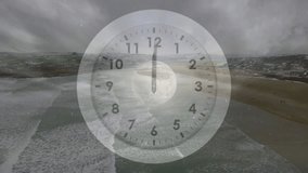 Translucent clock starting rotation on start, marking time as moon drifting and warming coast. Aerial, drone, beach, waves, ocean, horizon, headland - Powered by Shutterstock - Get 15% off with code: PIKWIZARD15