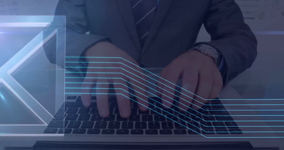 Businessman typing on laptop pressing keys starting mail icon and pulsing data lines, sending email. Office, keyboard, computer, envelope, signals, overlay, minimalist