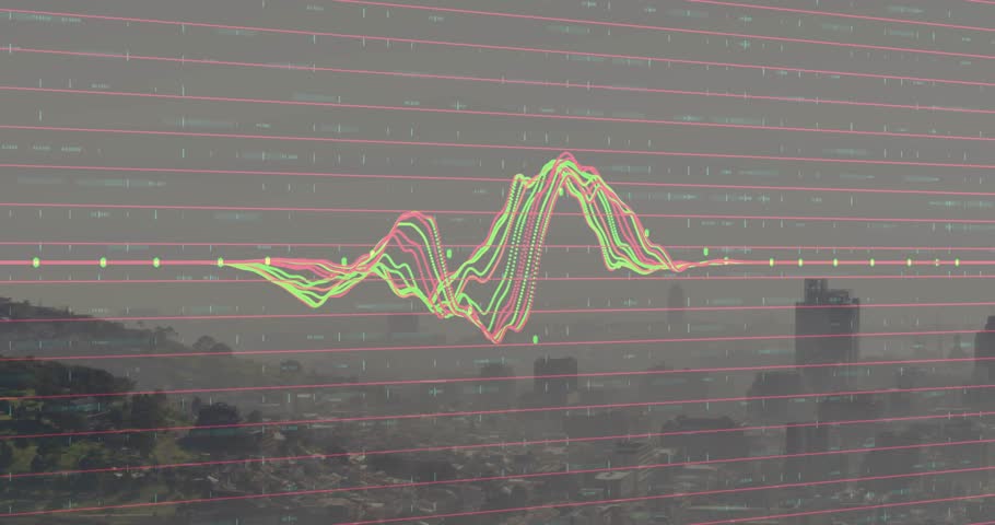Neon waveform rising or falling over hazy skyline on input showing tech signal w or pink grid cyan ticks. Animated, urban, cityscape, multicolor, atmospheric, futuristic, highrise