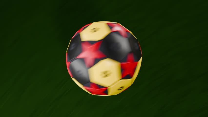 Spinning soccer ball descending and rolling toward goal on turf, BELGIUM wall showing red stars. Sphere, stadium, net, field, advertising, action, dynamic