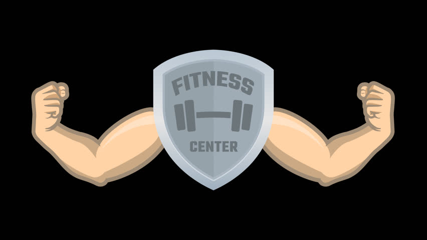  Fitness Center Shield Logo with Strong Arms, Gym Strength and Protection Cartoon Animation. Transparent background. 4K resolution