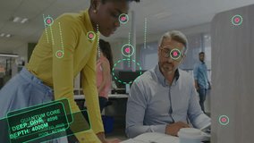 Woman in yellow leaning at desk pointing papers for review with man, tech HUD showing qubits. Collaboration, augmentedreality, office, openplan, quantum, discussion, professionals - Powered by Shutterstock - Get 15% off with code: PIKWIZARD15