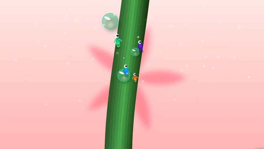 Cute 2D animation of a ladybug landing on a green plant stem with tiny one-eyed cartoon creatures and water drops against a pink background