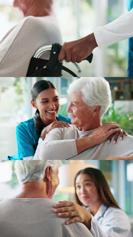 Series, healthcare and nurse with senior woman for support, consulting and medical service. Retirement, doctor and caregiver with elderly person with disability for checkup, wellness and comfort