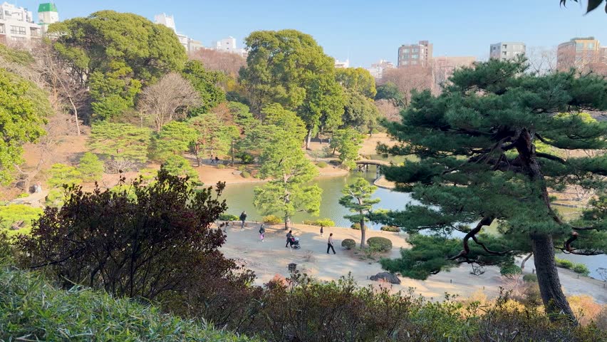 Wide angle shot of a traditional Japanese garden in Tokyo under bright daylight
