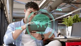 Man tapping tablet and launching green HUD overlay, pausing then swiping while testing technology. Augmented, reality, office, coworking, laptop, branding, focus - Powered by Shutterstock - Get 15% off with code: PIKWIZARD15