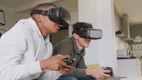 Two teen boys wearing VR, controller move initiating expanding POWER grid HUD and panels for gaming. Augmented, reality, headset, interface, collaboration, friendship, students - Powered by Shutterstock - Get 15% off with code: PIKWIZARD15