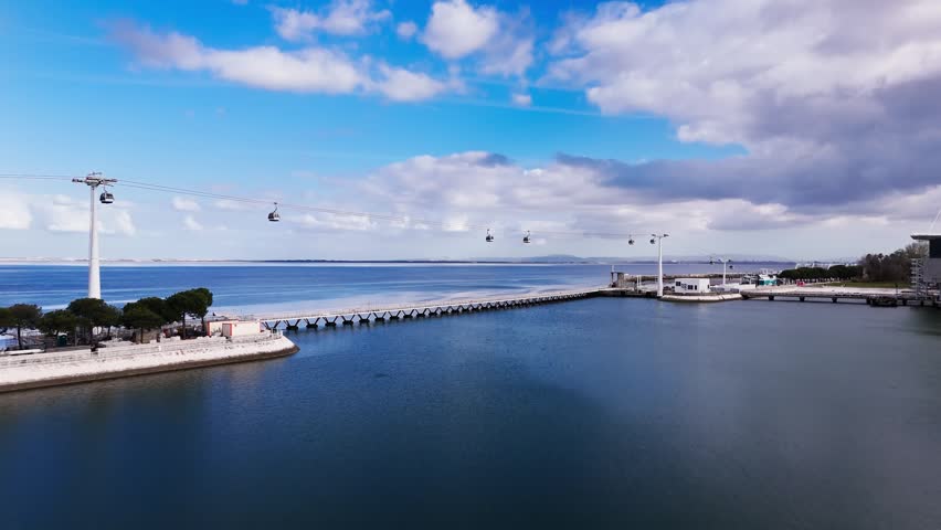 Aerial view of cable cars over Tagus river and waterfront under dramatic clouds. Lisbon, Portugal
