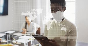 Presenter tapping tablet in business showing world map overlay over face and sharing graph for team. Analytics, dashboard, conference, collaboration, meeting, global, strategy - Powered by Shutterstock - Get 15% off with code: PIKWIZARD15