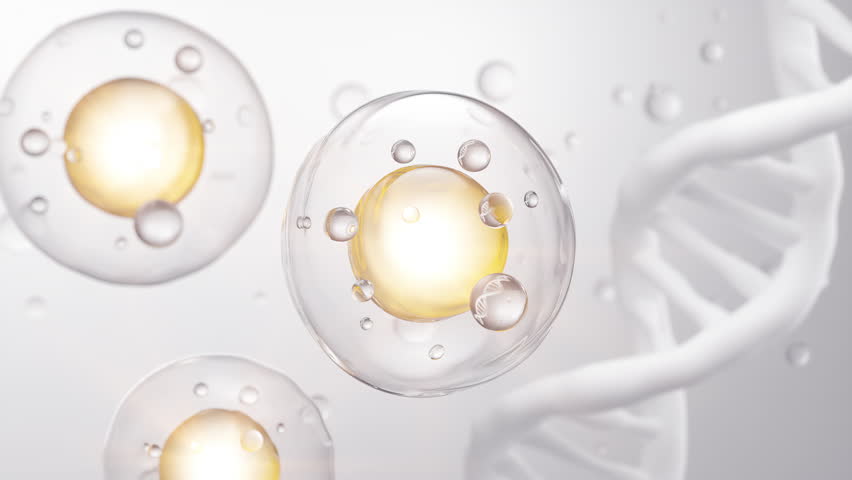 3D animation of collagen and vitamin serum bubbles swirling in a clear liquid for skincare background.