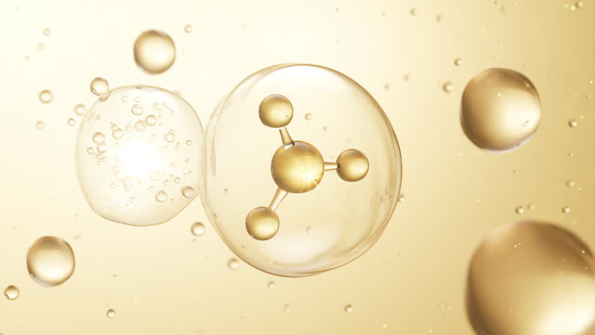 3D animation of collagen and vitamin serum bubbles swirling in a clear liquid for skincare background.