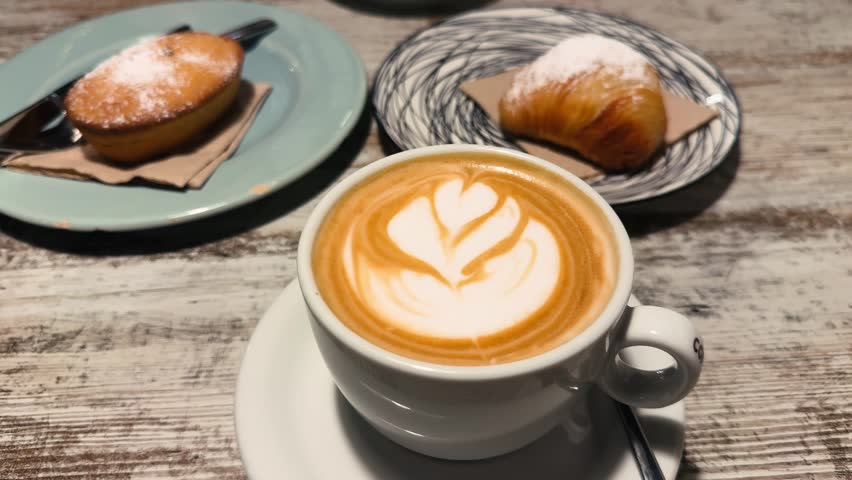 Cup of cappuccino with latte art served with pastries on a rustic table. Cozy cafe atmosphere and breakfast concept. High quality 4k footage