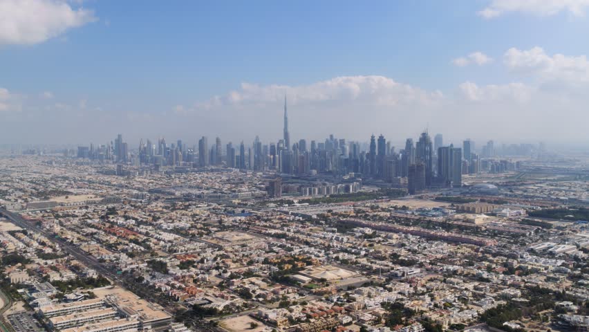 Aerial Panoramic View of the Dubai Skyline and Skyscrapers, Dubai, UAE