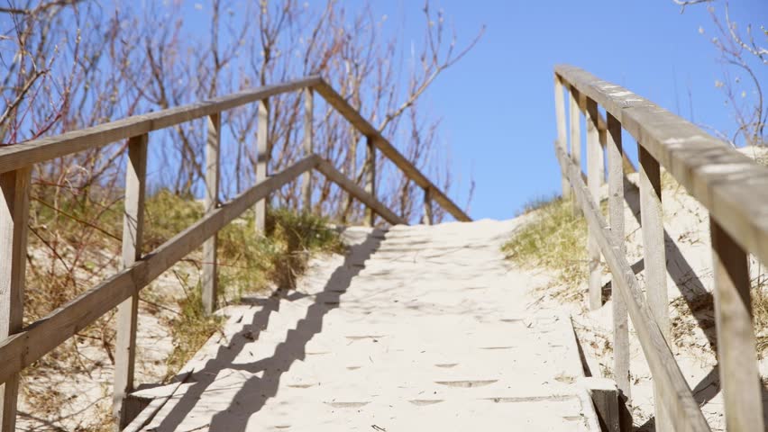 Woman wearing red jacket and black pants walking uphill on wooden railing staircase surrounded by dry trees under bright sunlight with vibrant blue sky background