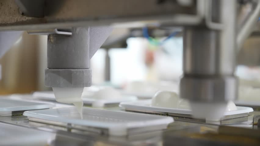 Ice cream filling and packaging line dispensing fresh portions into containers on conveyor. Automated production system with hygienic processing, industrial manufacturing and robotic workflow.